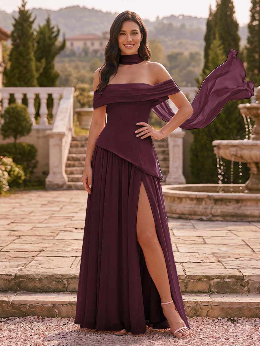 Chiffon Sheath/Column Off-the-Shoulder Floor-Length Bridesmaid Dress With Scarf & Split Side Burgundy
