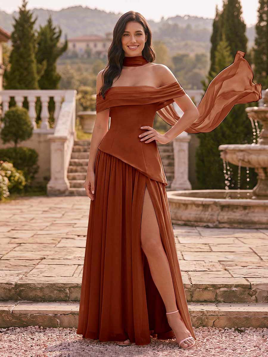 Chiffon Sheath/Column Off-the-Shoulder Floor-Length Bridesmaid Dress With Scarf & Split Side Burnt Orange