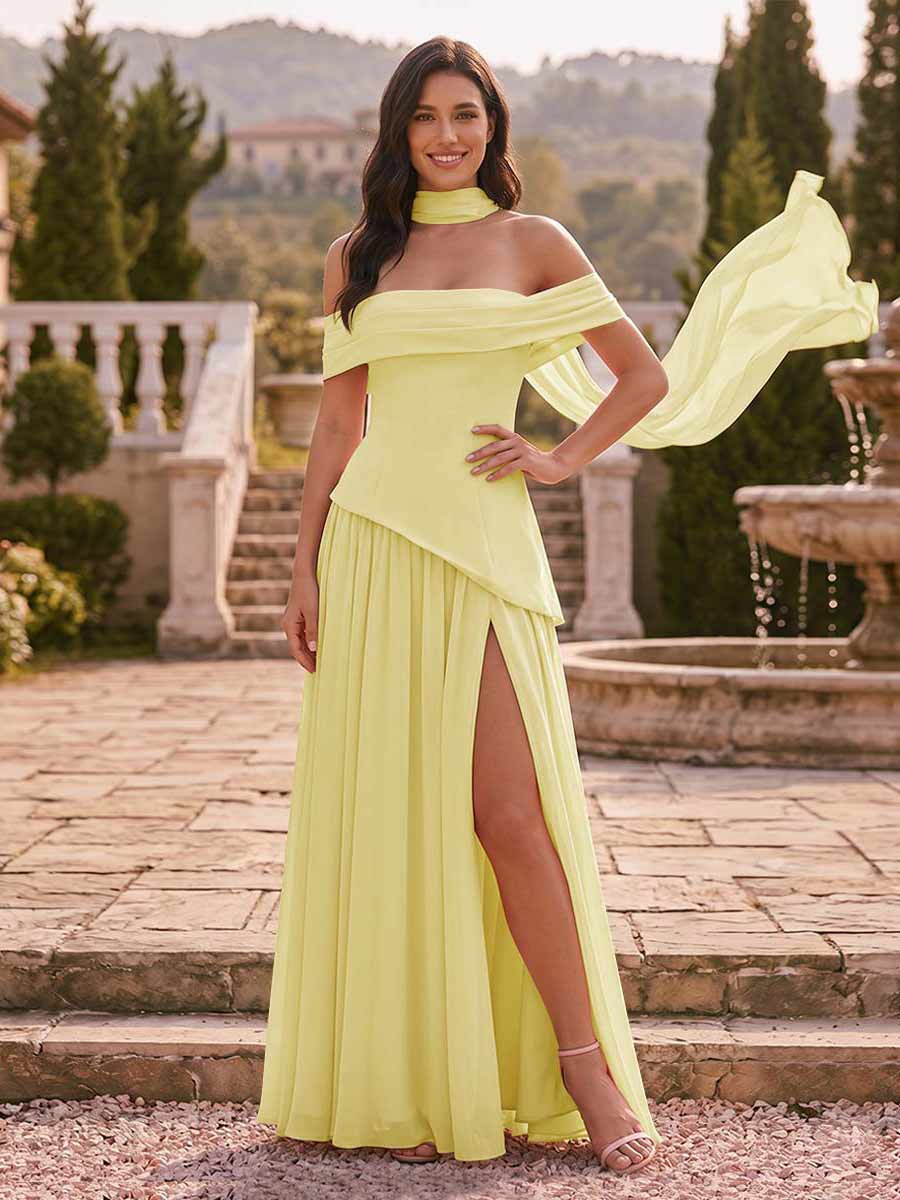Chiffon Sheath/Column Off-the-Shoulder Floor-Length Bridesmaid Dress With Scarf & Split Side Canary