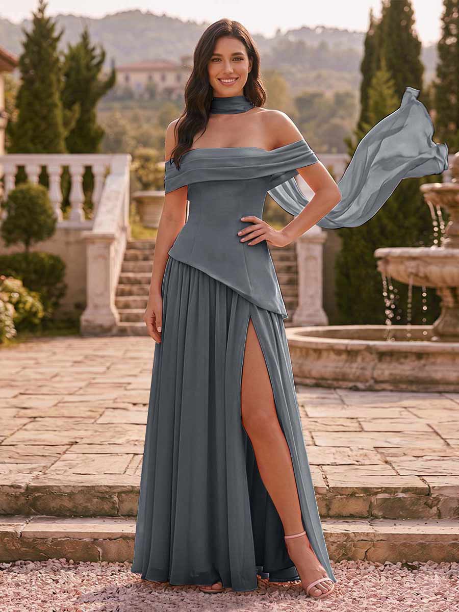 Chiffon Sheath/Column Off-the-Shoulder Floor-Length Bridesmaid Dress With Scarf & Split Side Gray