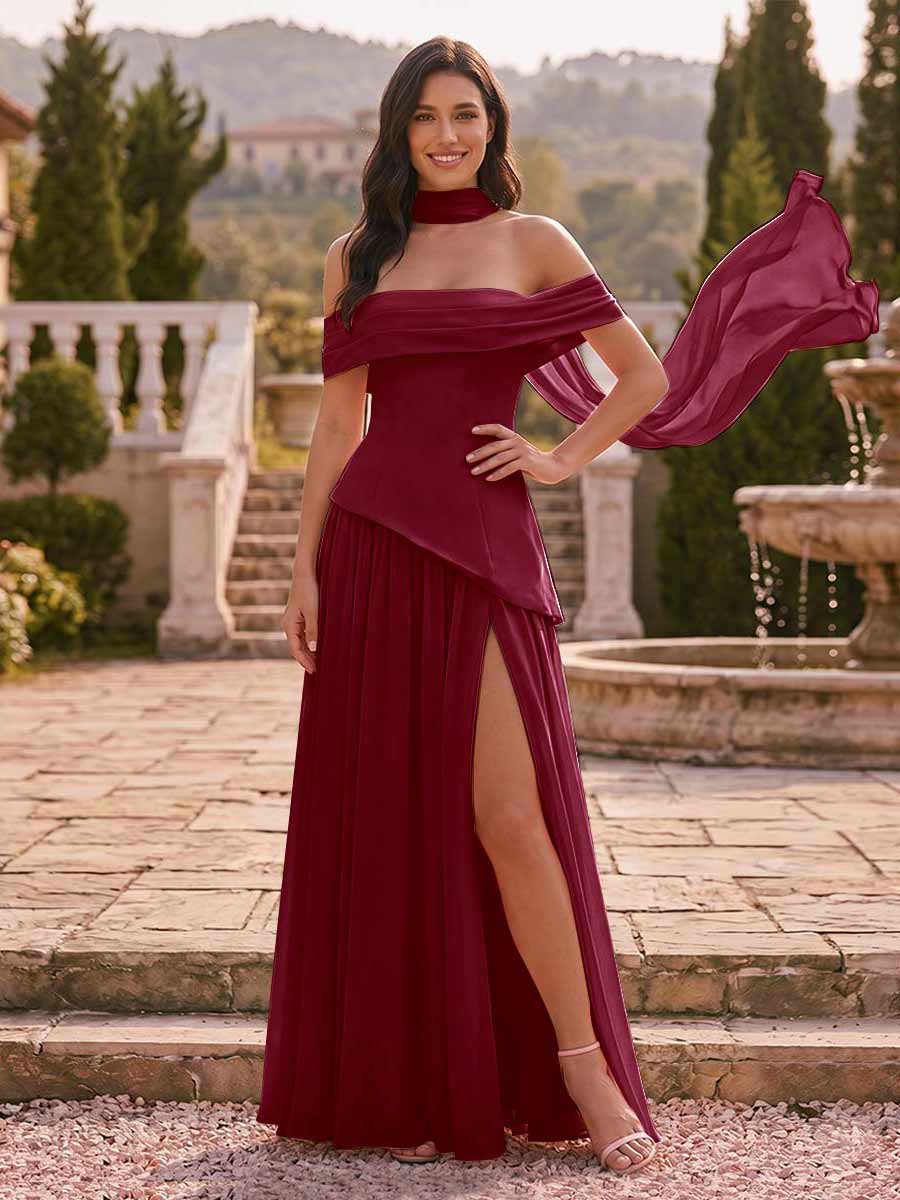 Chiffon Sheath/Column Off-the-Shoulder Floor-Length Bridesmaid Dress With Scarf & Split Side Light Burgundy