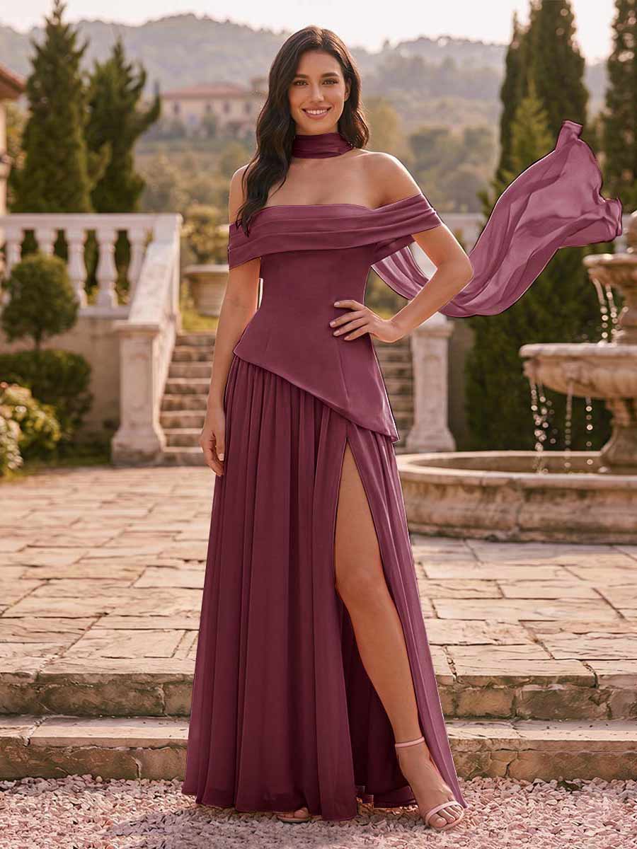 Chiffon Sheath/Column Off-the-Shoulder Floor-Length Bridesmaid Dress With Scarf & Split Side Mulberry