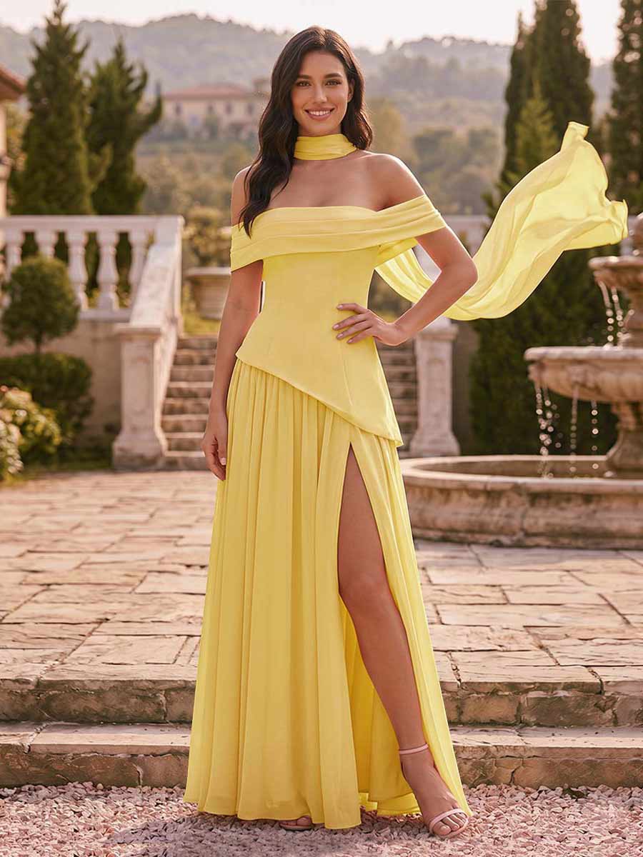 Chiffon Sheath/Column Off-the-Shoulder Floor-Length Bridesmaid Dress With Scarf & Split Side Mustard Yellow