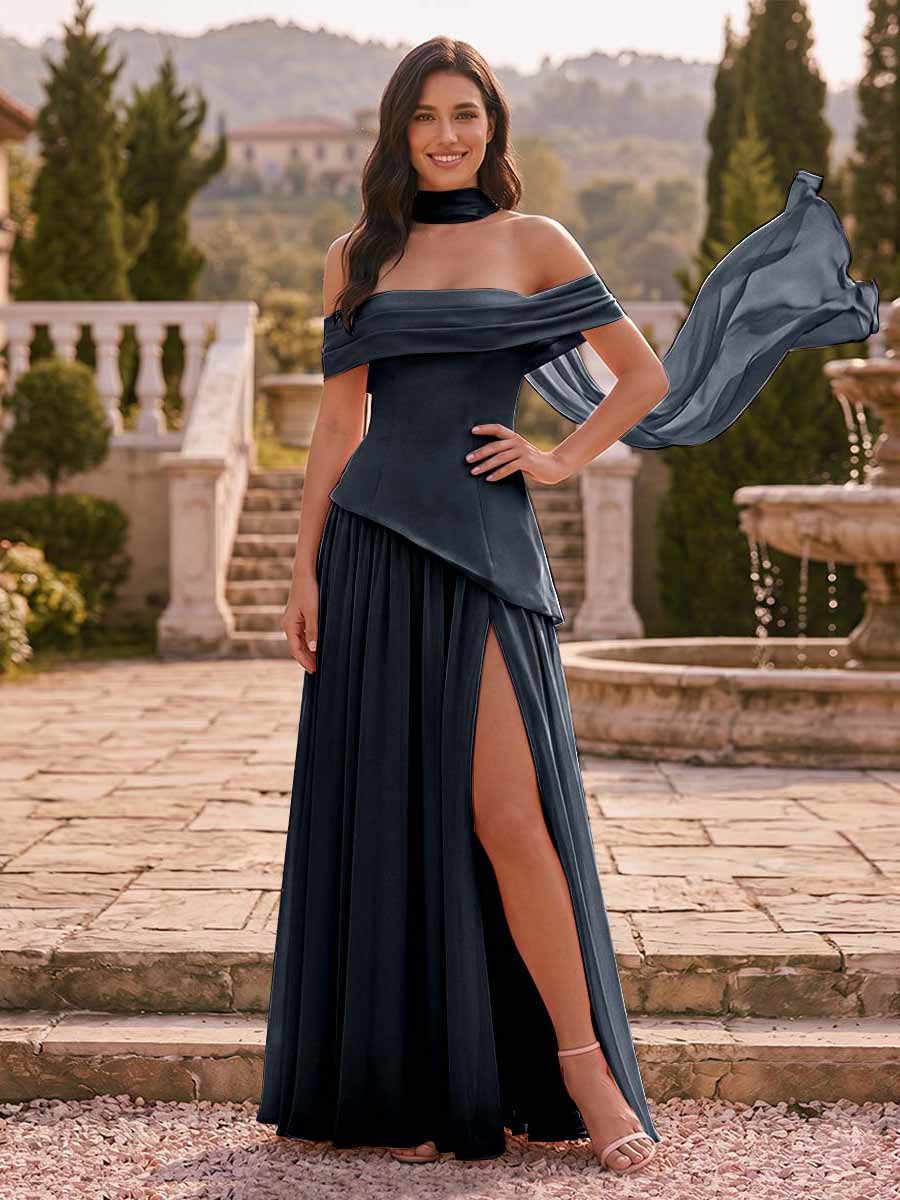 Chiffon Sheath/Column Off-the-Shoulder Floor-Length Bridesmaid Dress With Scarf & Split Side Navy Blue