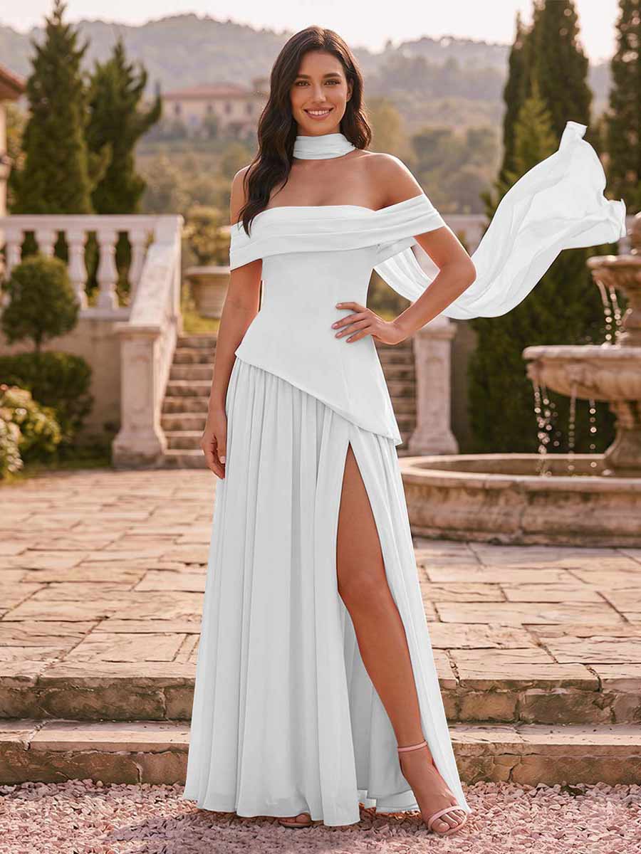 Chiffon Sheath/Column Off-the-Shoulder Floor-Length Bridesmaid Dress With Scarf & Split Side Off White
