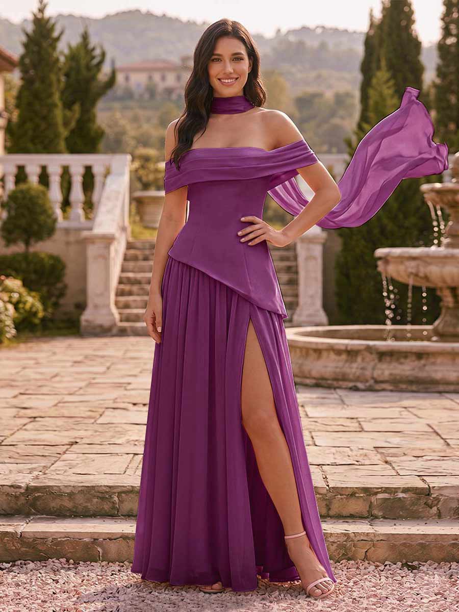 Chiffon Sheath/Column Off-the-Shoulder Floor-Length Bridesmaid Dress With Scarf & Split Side Orchid
