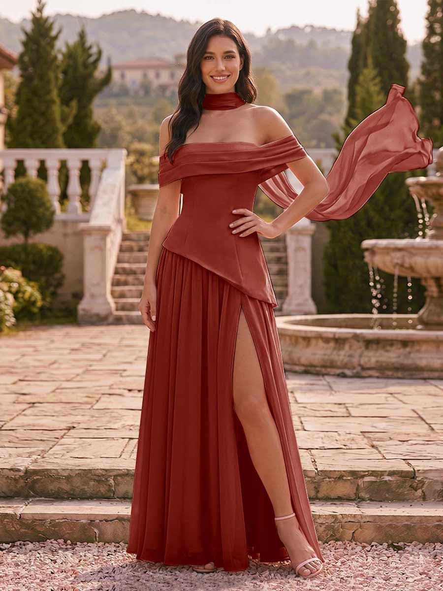 Chiffon Sheath/Column Off-the-Shoulder Floor-Length Bridesmaid Dress With Scarf & Split Side Rust