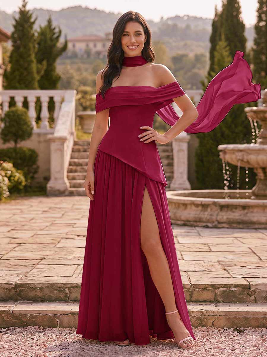 Chiffon Sheath/Column Off-the-Shoulder Floor-Length Bridesmaid Dress With Scarf & Split Side Wine Red