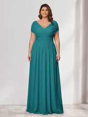 A-Line/Princess V-Neck Short Sleeves Chiffon Plus Size Bridesmaid Dresses With Bowknot Aqua Blue