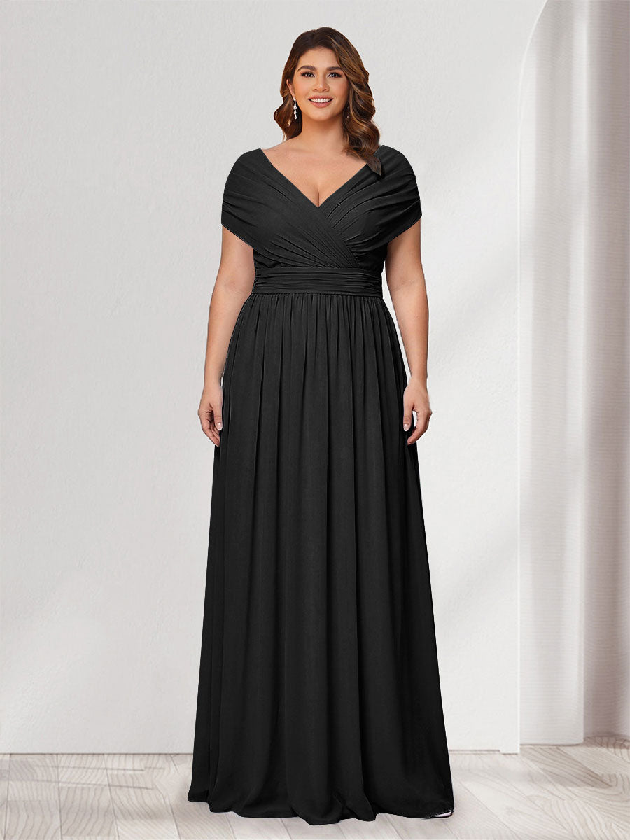 A-Line/Princess V-Neck Short Sleeves Chiffon Plus Size Bridesmaid Dresses With Bowknot Black