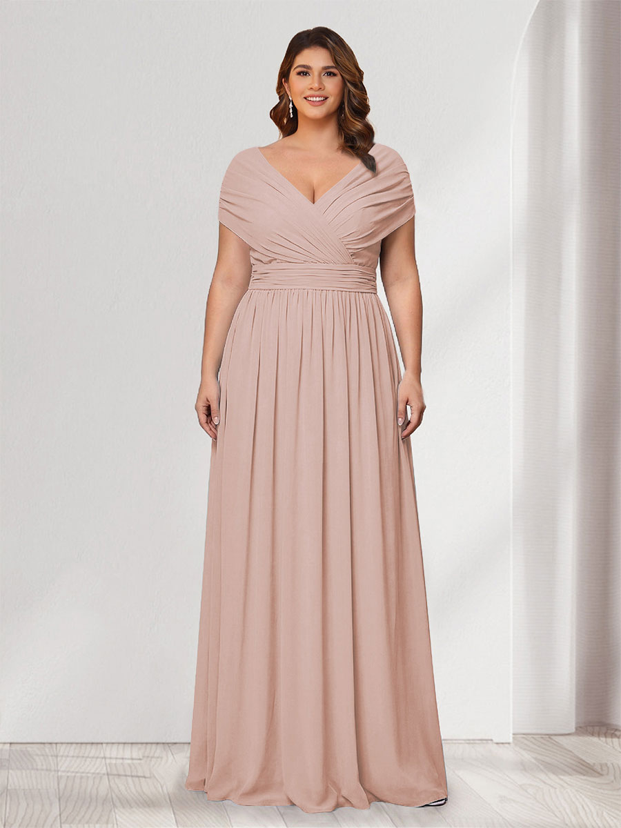 A-Line/Princess V-Neck Short Sleeves Chiffon Plus Size Bridesmaid Dresses With Bowknot Blush Pink