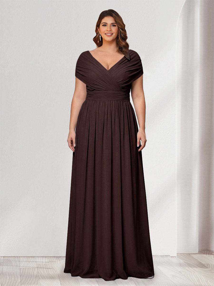 A-Line/Princess V-Neck Short Sleeves Chiffon Plus Size Bridesmaid Dresses With Bowknot Brown