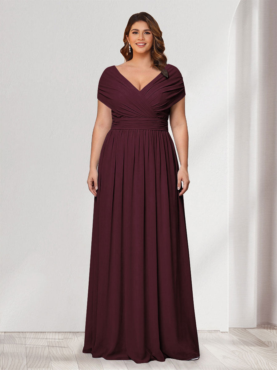 A-Line/Princess V-Neck Short Sleeves Chiffon Plus Size Bridesmaid Dresses With Bowknot Burgundy