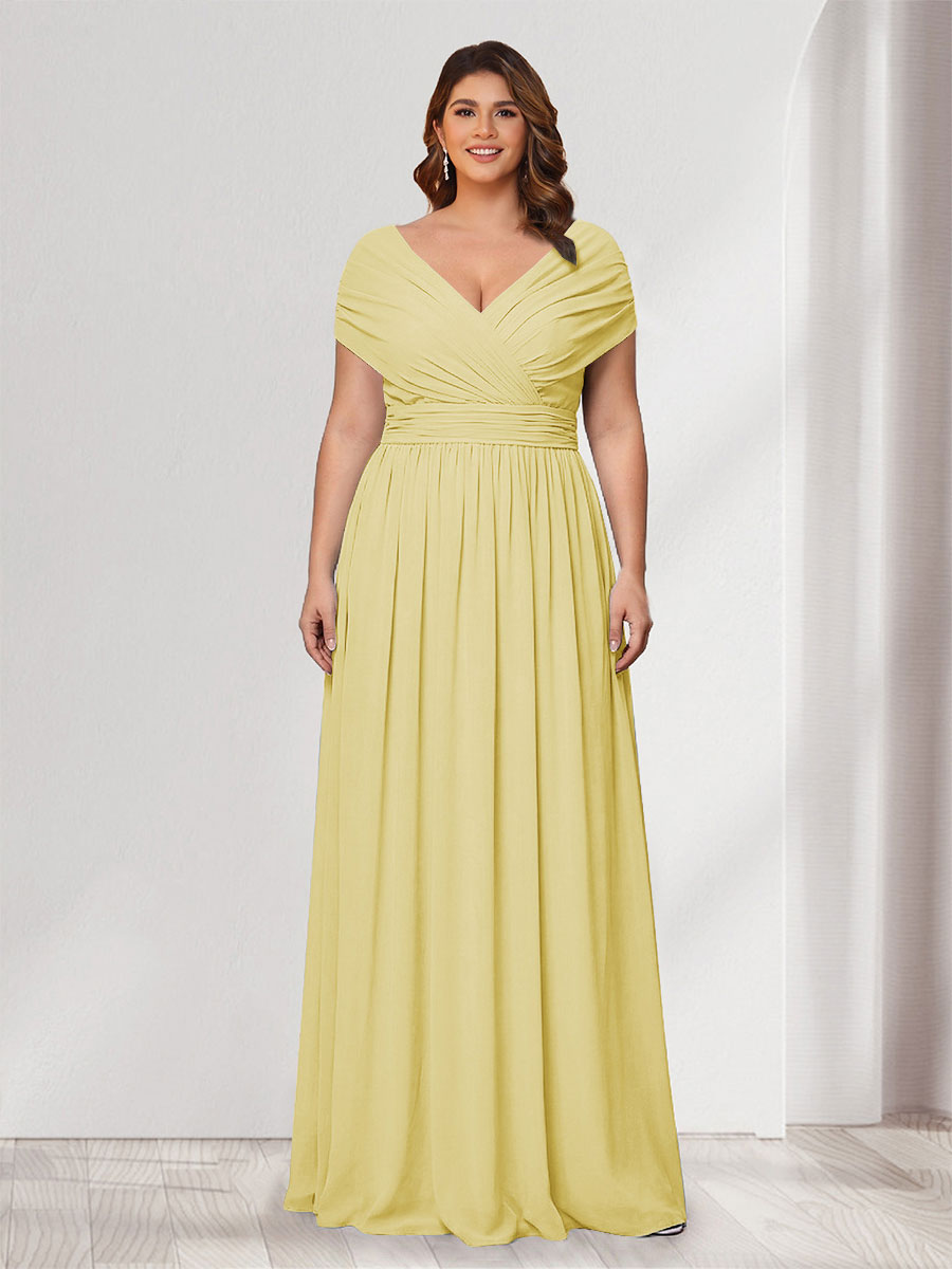 A-Line/Princess V-Neck Short Sleeves Chiffon Plus Size Bridesmaid Dresses With Bowknot Canary