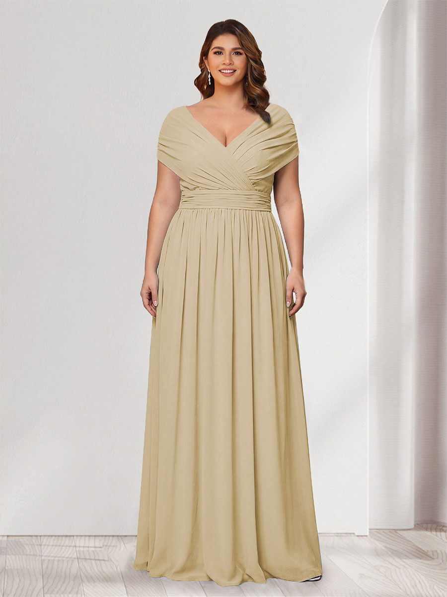 A-Line/Princess V-Neck Short Sleeves Chiffon Plus Size Bridesmaid Dresses With Bowknot Champagne