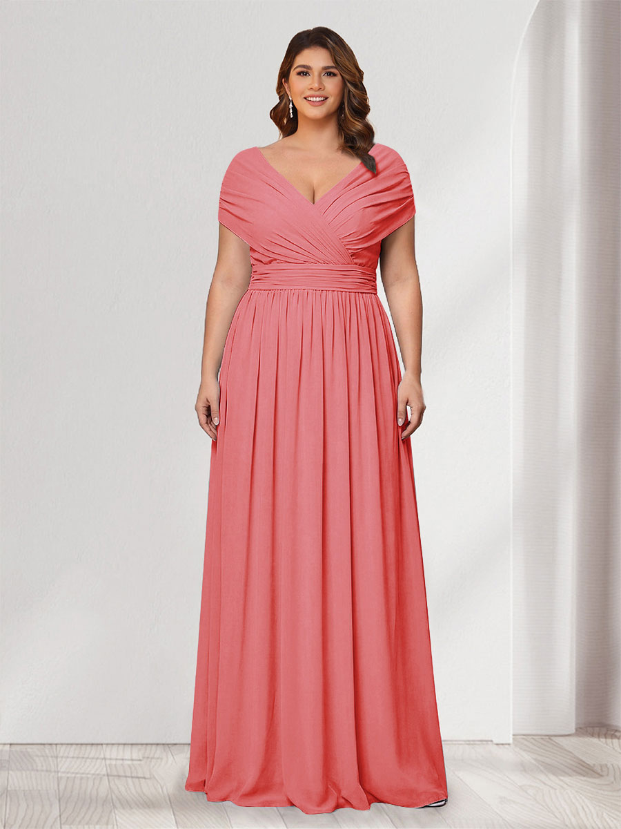 A-Line/Princess V-Neck Short Sleeves Chiffon Plus Size Bridesmaid Dresses With Bowknot Coral