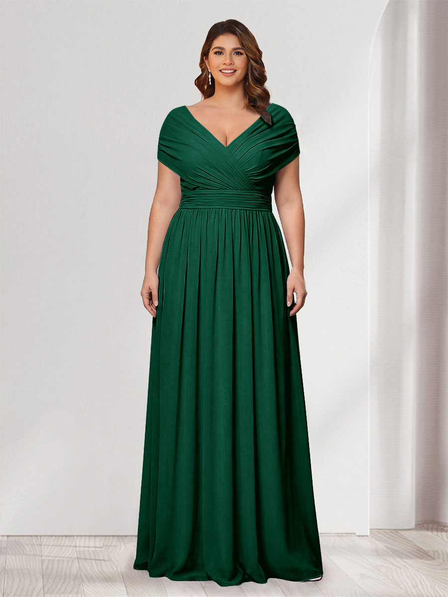 A-Line/Princess V-Neck Short Sleeves Chiffon Plus Size Bridesmaid Dresses With Bowknot Dark Green