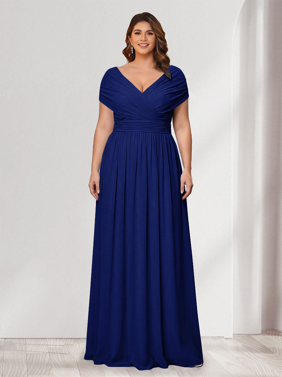 A-Line/Princess V-Neck Short Sleeves Chiffon Plus Size Bridesmaid Dresses With Bowknot Dark Royal Blue