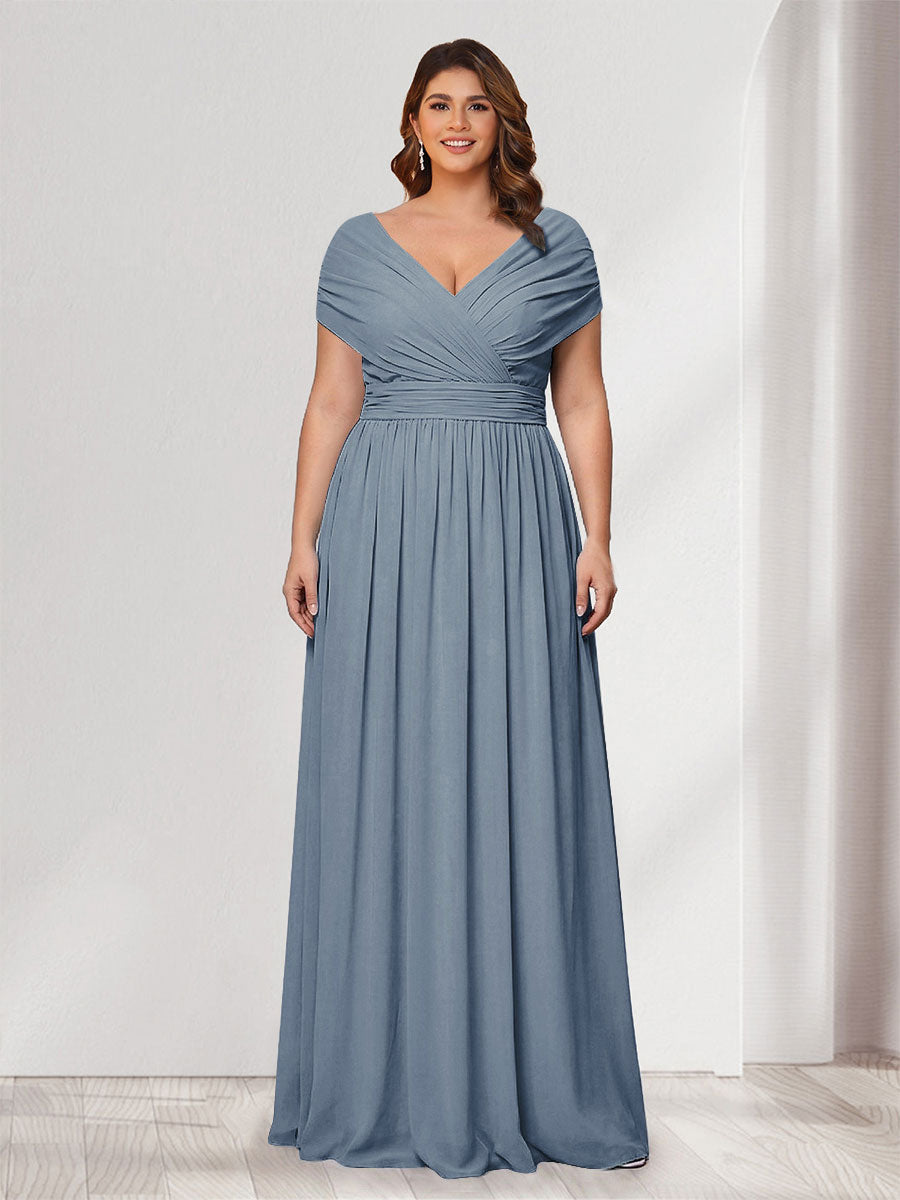 A-Line/Princess V-Neck Short Sleeves Chiffon Plus Size Bridesmaid Dresses With Bowknot Dusty Blue