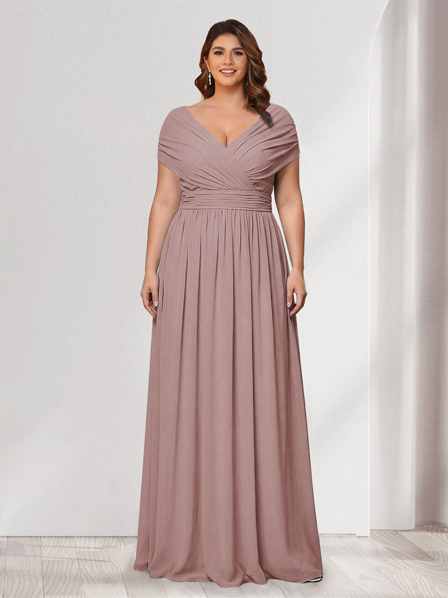 A-Line/Princess V-Neck Short Sleeves Chiffon Plus Size Bridesmaid Dresses With Bowknot Dusty Pink