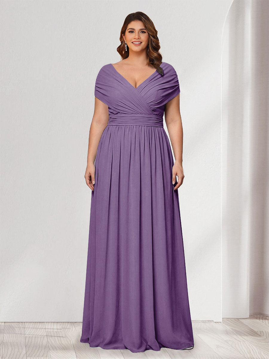 A-Line/Princess V-Neck Short Sleeves Chiffon Plus Size Bridesmaid Dresses With Bowknot Dusty Purple