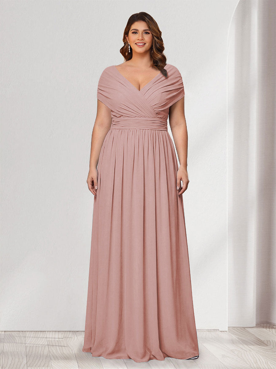 A-Line/Princess V-Neck Short Sleeves Chiffon Plus Size Bridesmaid Dresses With Bowknot Dusty Rose