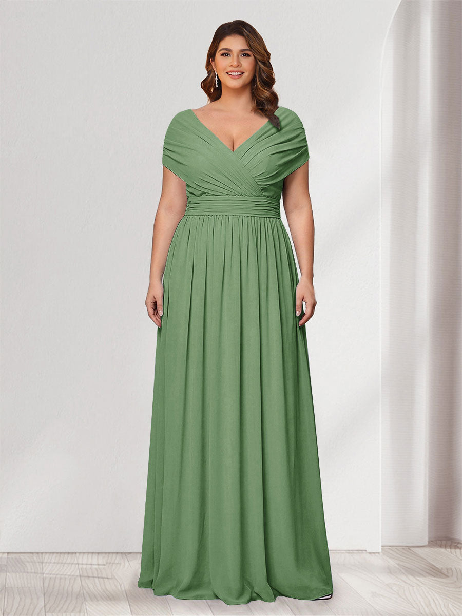 A-Line/Princess V-Neck Short Sleeves Chiffon Plus Size Bridesmaid Dresses With Bowknot Dusty Sage