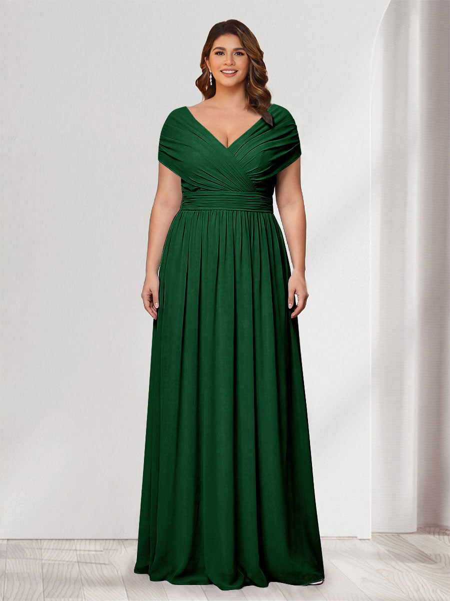 A-Line/Princess V-Neck Short Sleeves Chiffon Plus Size Bridesmaid Dresses With Bowknot Emerald