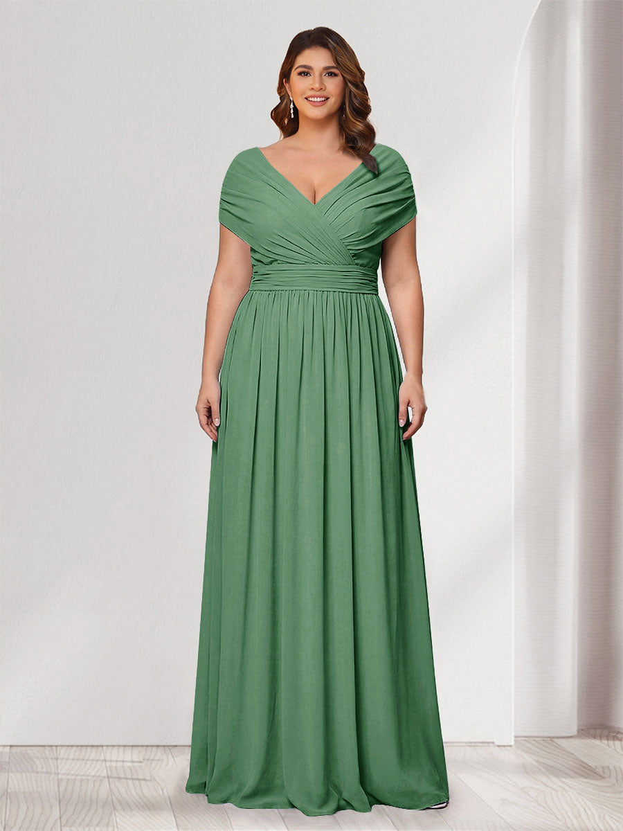 A-Line/Princess V-Neck Short Sleeves Chiffon Plus Size Bridesmaid Dresses With Bowknot Eucalyptus