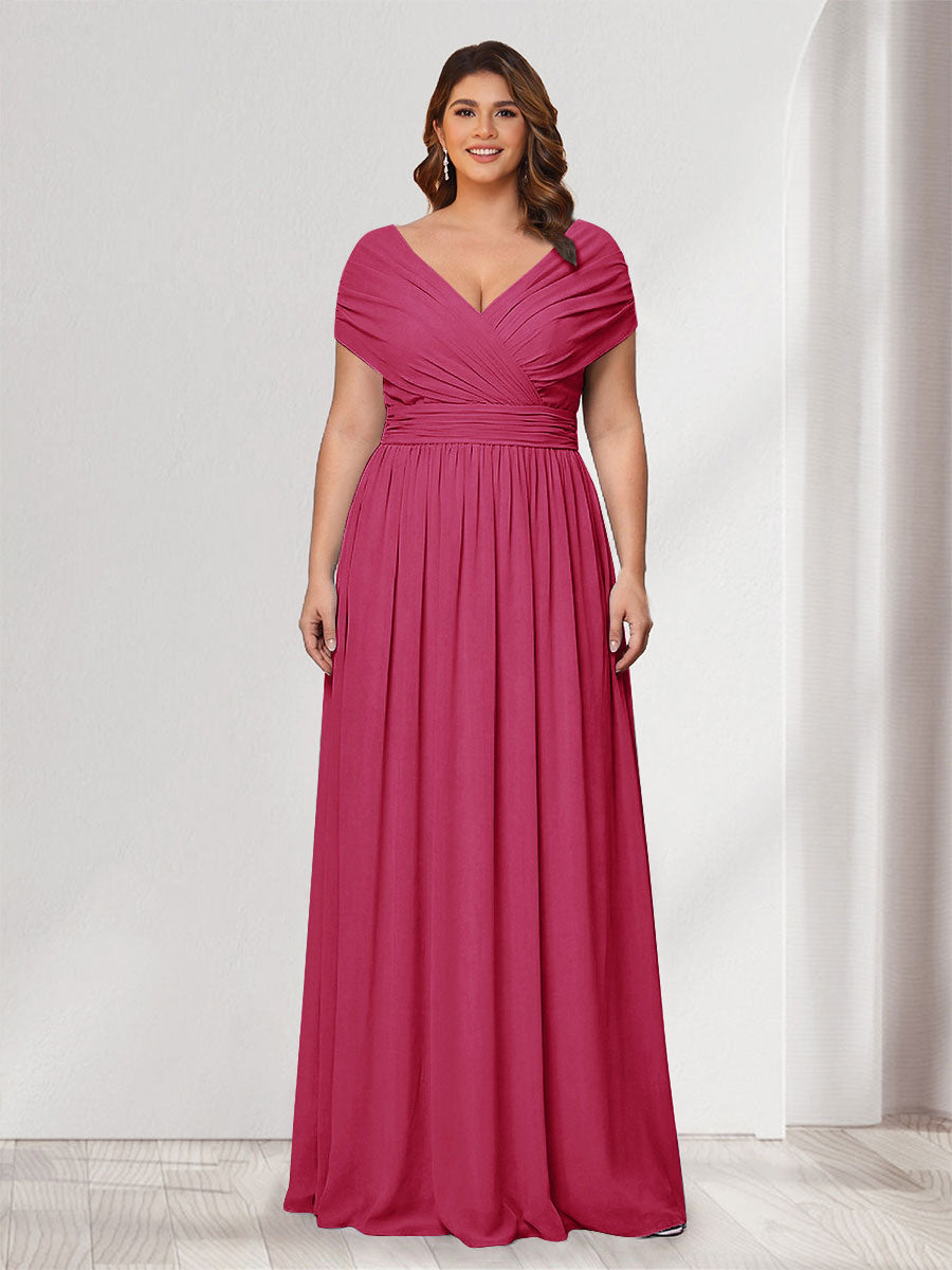 A-Line/Princess V-Neck Short Sleeves Chiffon Plus Size Bridesmaid Dresses With Bowknot Fuchsia
