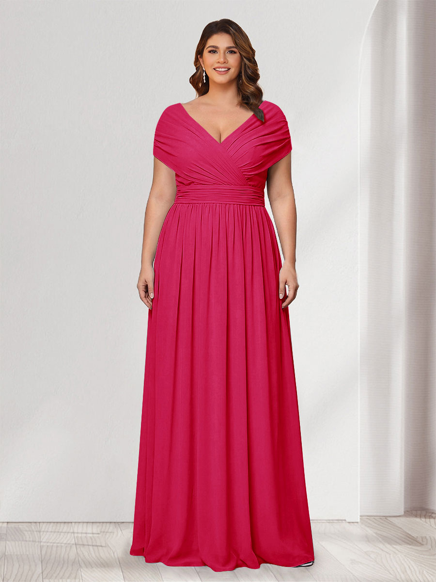A-Line/Princess V-Neck Short Sleeves Chiffon Plus Size Bridesmaid Dresses With Bowknot Fuchsia Pink