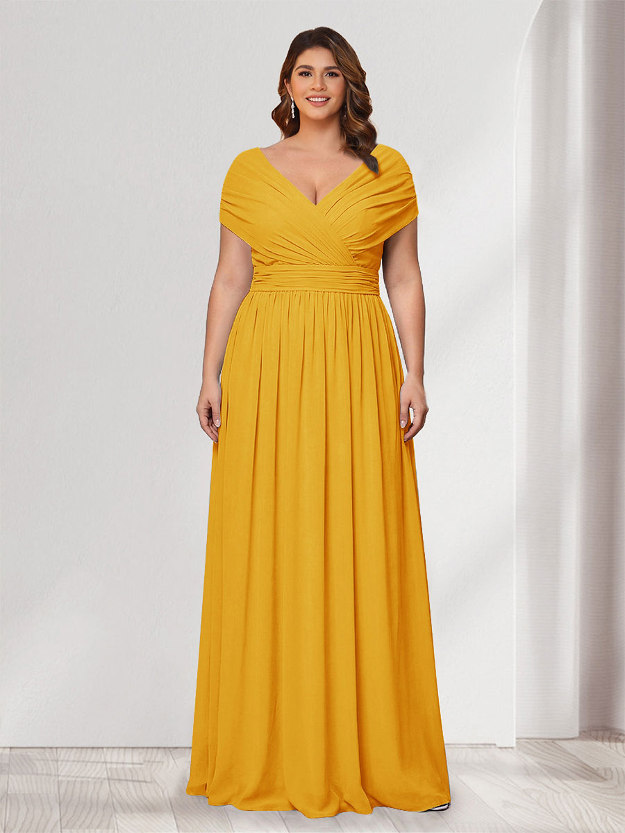A-Line/Princess V-Neck Short Sleeves Chiffon Plus Size Bridesmaid Dresses With Bowknot Gold