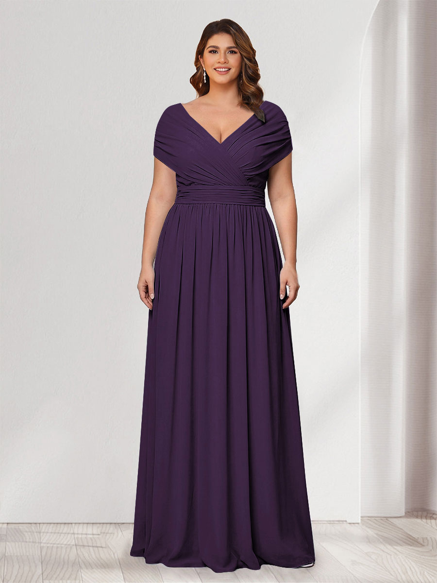 A-Line/Princess V-Neck Short Sleeves Chiffon Plus Size Bridesmaid Dresses With Bowknot Grape
