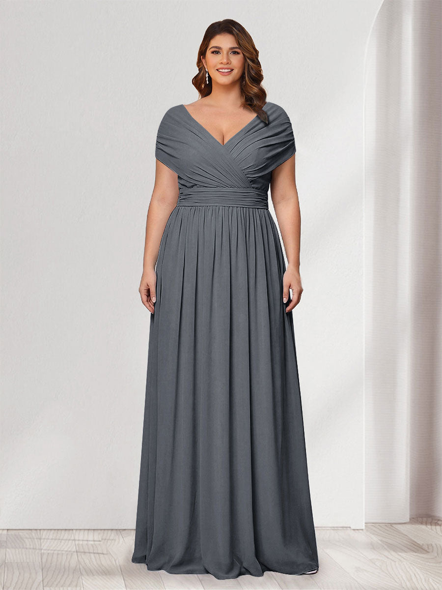 A-Line/Princess V-Neck Short Sleeves Chiffon Plus Size Bridesmaid Dresses With Bowknot Gray