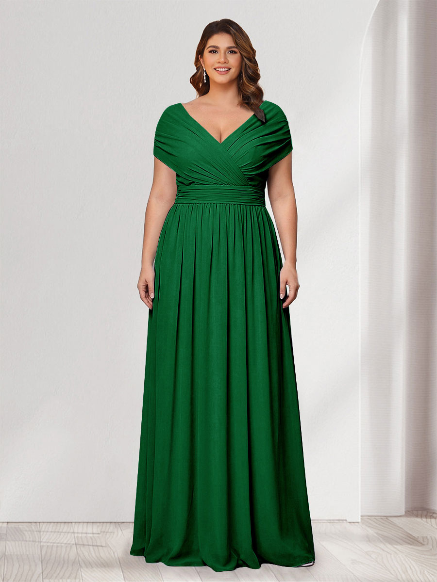 A-Line/Princess V-Neck Short Sleeves Chiffon Plus Size Bridesmaid Dresses With Bowknot Green