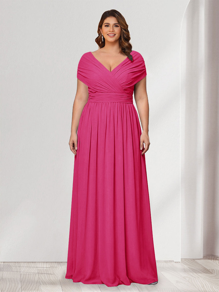 A-Line/Princess V-Neck Short Sleeves Chiffon Plus Size Bridesmaid Dresses With Bowknot Hot Pink