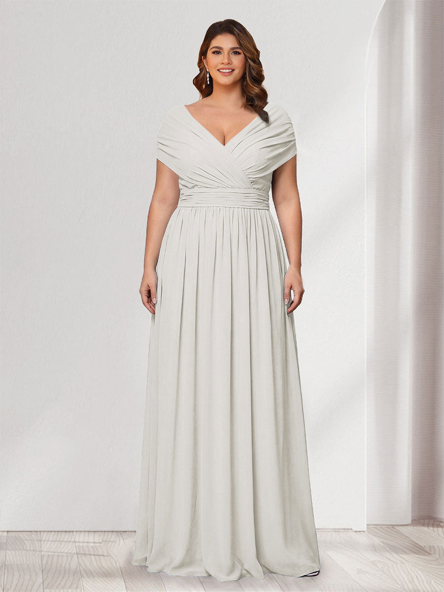 A-Line/Princess V-Neck Short Sleeves Chiffon Plus Size Bridesmaid Dresses With Bowknot Ivory