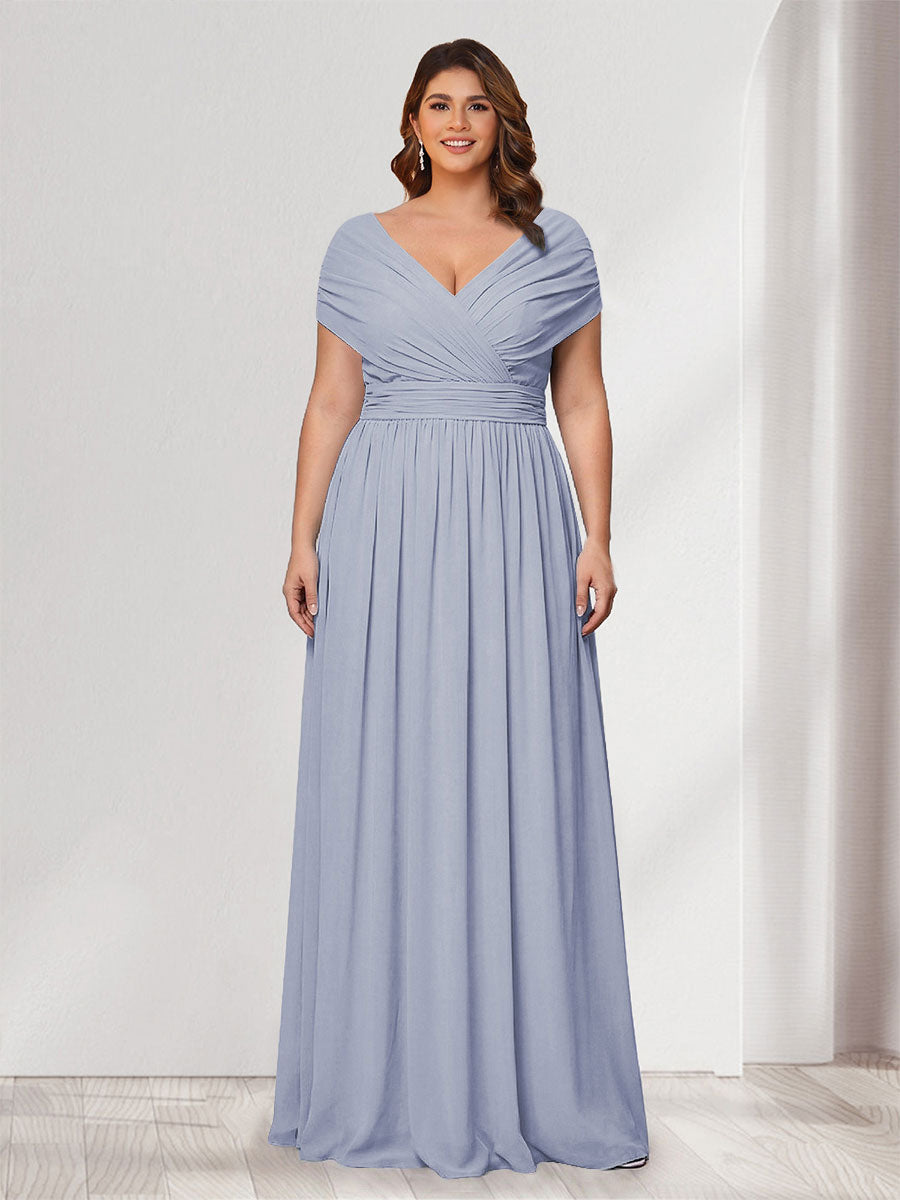 A-Line/Princess V-Neck Short Sleeves Chiffon Plus Size Bridesmaid Dresses With Bowknot Lavender