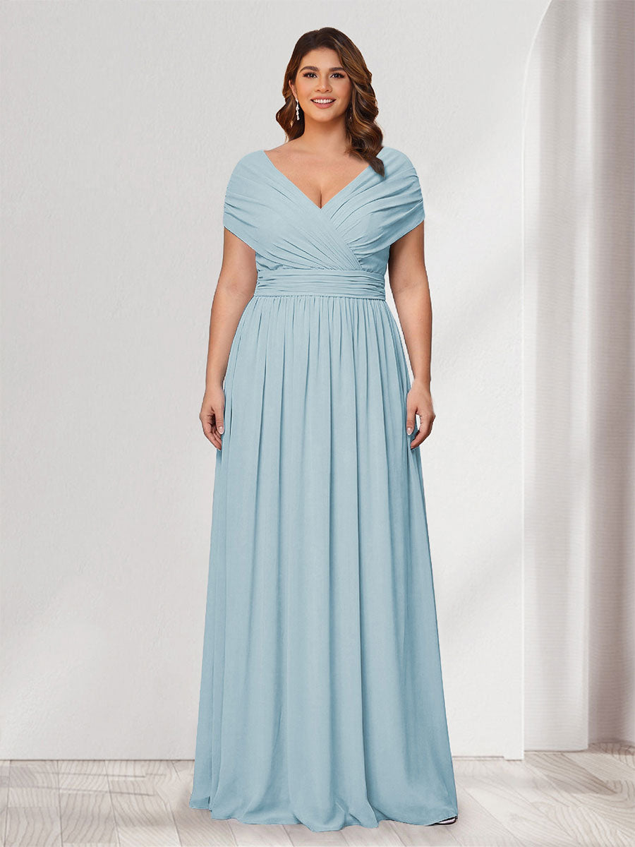 A-Line/Princess V-Neck Short Sleeves Chiffon Plus Size Bridesmaid Dresses With Bowknot Light Blue