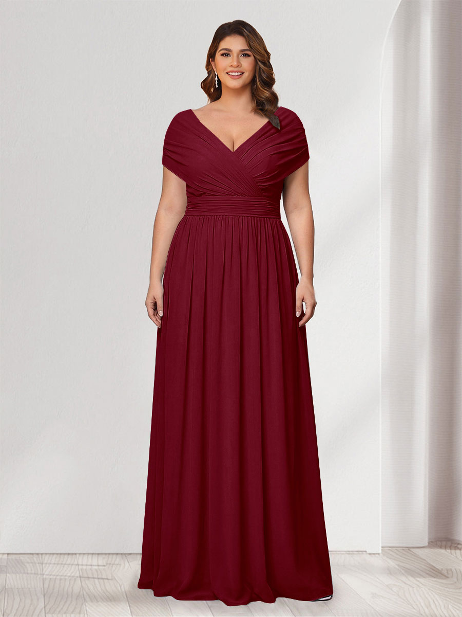 A-Line/Princess V-Neck Short Sleeves Chiffon Plus Size Bridesmaid Dresses With Bowknot Light Burgundy