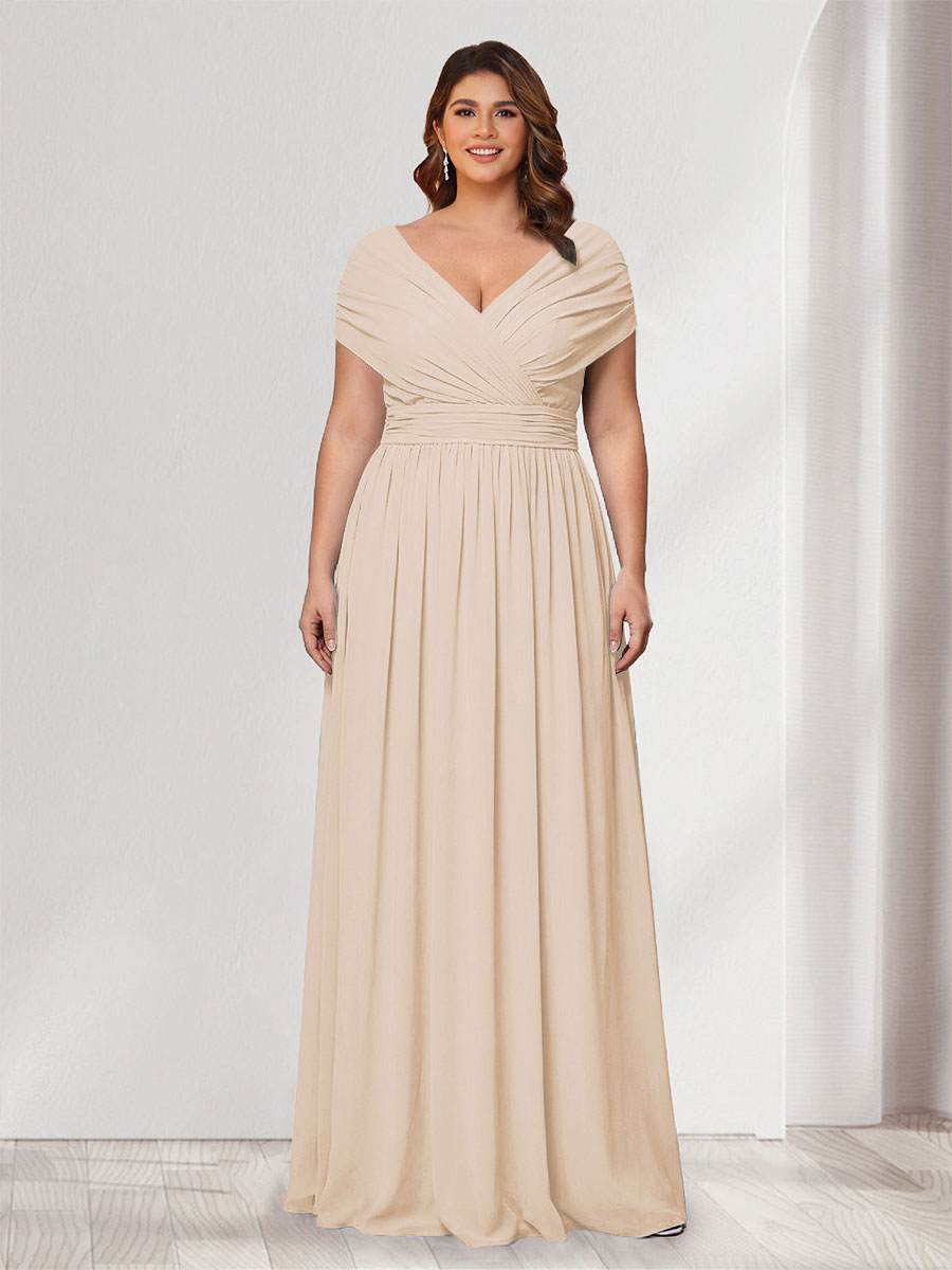 A-Line/Princess V-Neck Short Sleeves Chiffon Plus Size Bridesmaid Dresses With Bowknot Light Champagne