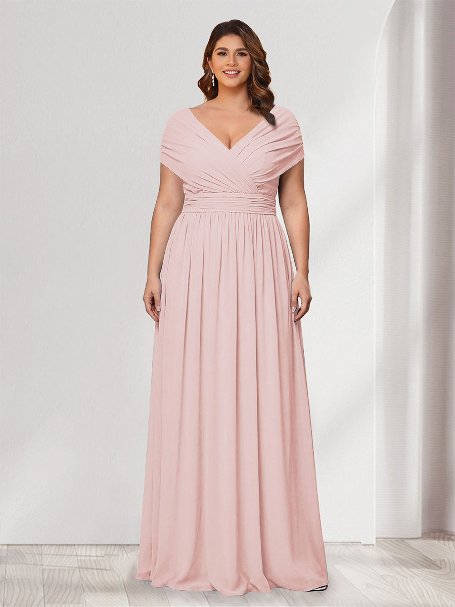 A-Line/Princess V-Neck Short Sleeves Chiffon Plus Size Bridesmaid Dresses With Bowknot Light Pink