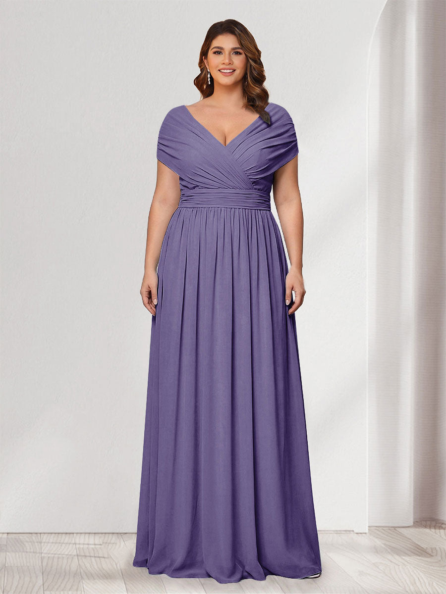 A-Line/Princess V-Neck Short Sleeves Chiffon Plus Size Bridesmaid Dresses With Bowknot Light Purple