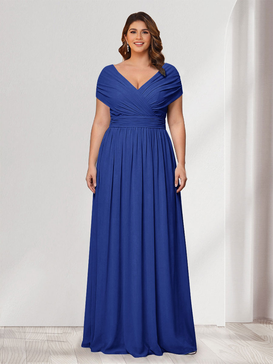 A-Line/Princess V-Neck Short Sleeves Chiffon Plus Size Bridesmaid Dresses With Bowknot Light Royal Blue