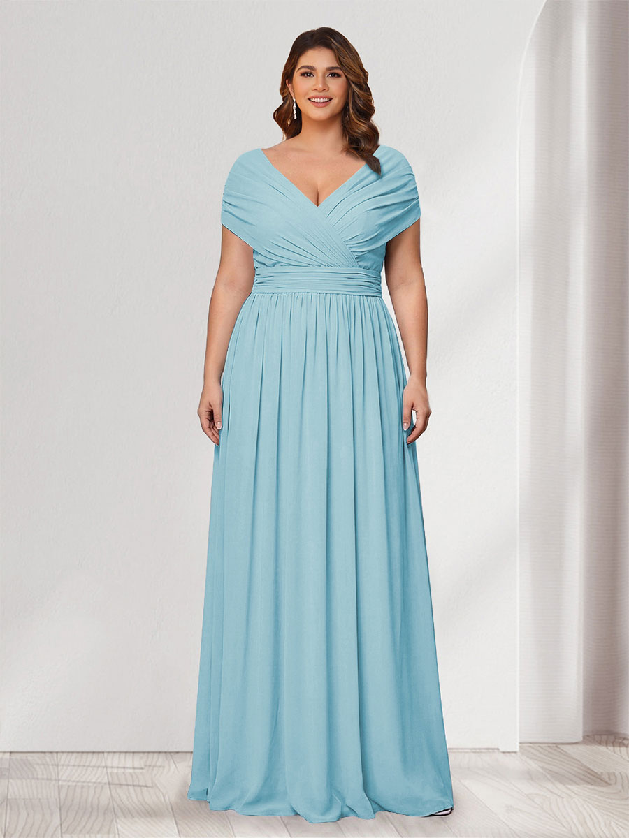 A-Line/Princess V-Neck Short Sleeves Chiffon Plus Size Bridesmaid Dresses With Bowknot Light Sky Blue