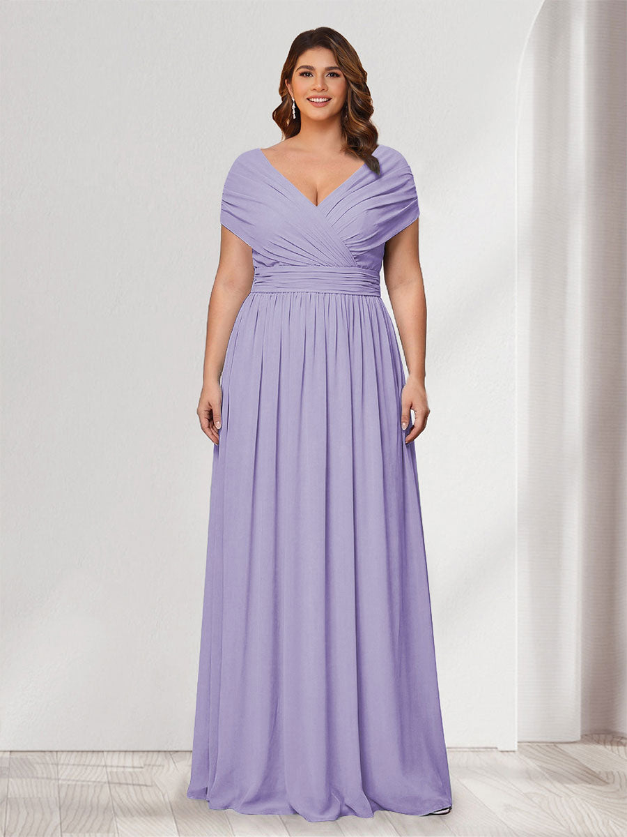 A-Line/Princess V-Neck Short Sleeves Chiffon Plus Size Bridesmaid Dresses With Bowknot Lilac