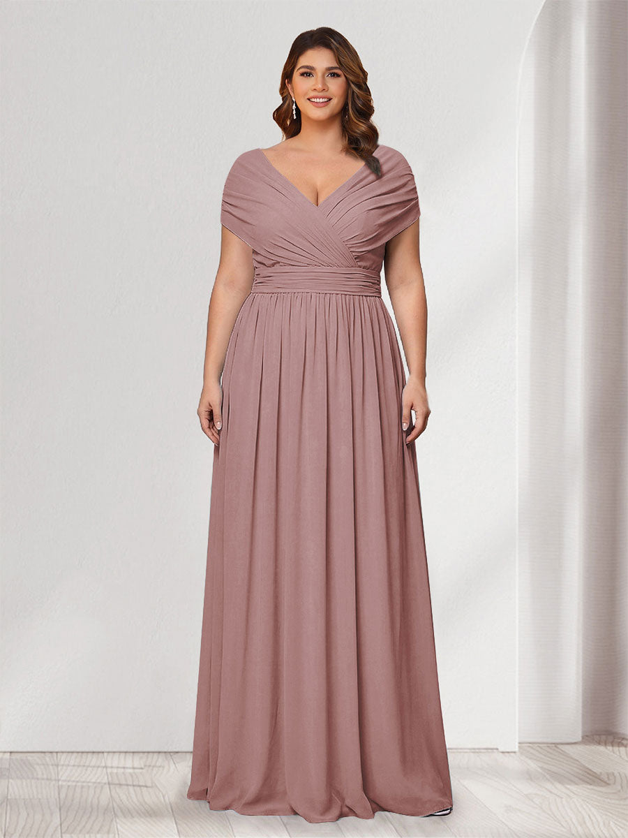 A-Line/Princess V-Neck Short Sleeves Chiffon Plus Size Bridesmaid Dresses With Bowknot Mauve