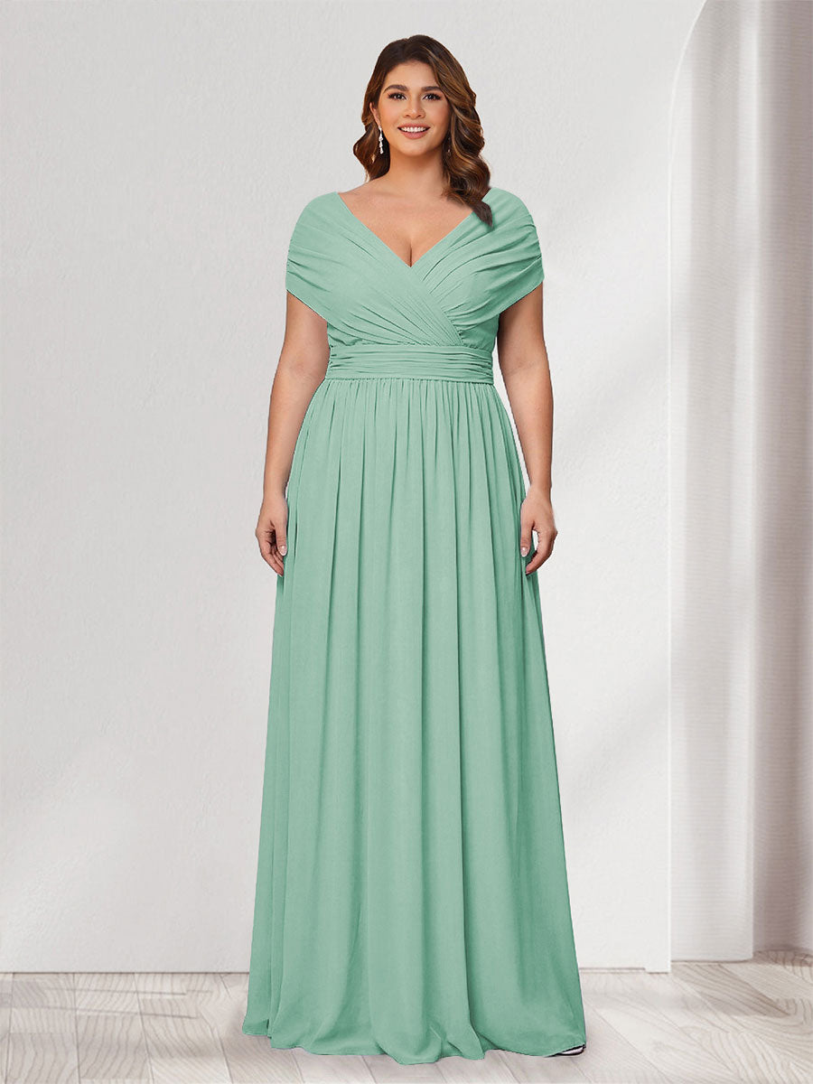 A-Line/Princess V-Neck Short Sleeves Chiffon Plus Size Bridesmaid Dresses With Bowknot Mint Green