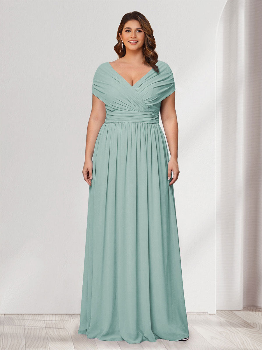 A-Line/Princess V-Neck Short Sleeves Chiffon Plus Size Bridesmaid Dresses With Bowknot Mist Blue
