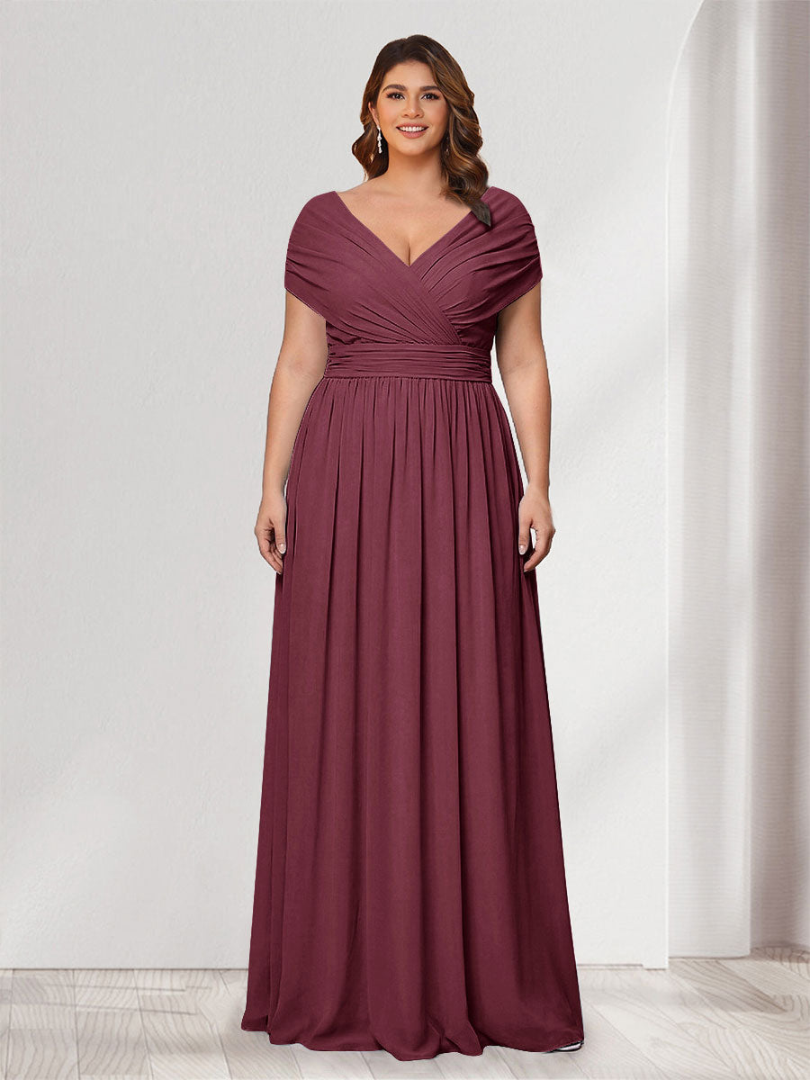 A-Line/Princess V-Neck Short Sleeves Chiffon Plus Size Bridesmaid Dresses With Bowknot Mulberry